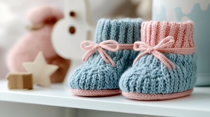 Soft blue and pink knitted baby booties, sitting neatly on the nursery shelf, crafted from the finest yarn, bringing a touch of cuteness to the infant space.