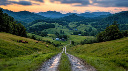 Naklejka premium A dirt road winding through rolling green hills, with grazing livestock and distant barns in the background.