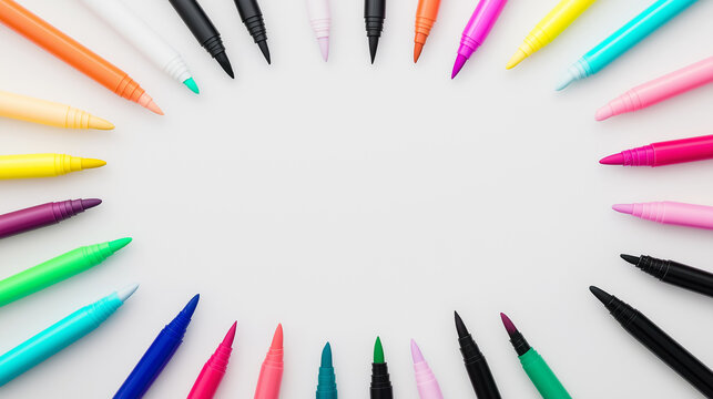 Colorful markers arranged in a circular pattern on a white background, ready for artistic use.