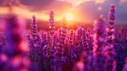 Lavender flower field closeup on sunset, fresh purple aromatic flowers for natural background. Design template for lifestyle illustration. Violet lavender field 