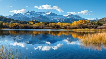 A tranquil lake with reflections of the Colorado Mountains in the background