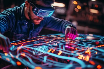 A man with ar glasses designs an electric car in virtual space using holographic projections