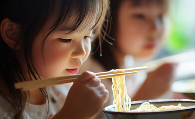Young girl using chopsticks to eat noodles with focus on her concentration.