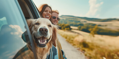 Happy Couple with Golden Retriever Enjoying a Road Trip in the Countryside
