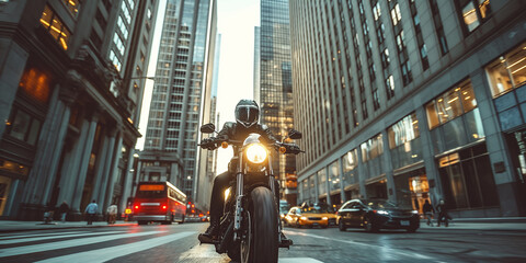 Fototapeta premium Motorcyclist Riding Among Tall City Skyscrapers in Urban Downtown Area at Sunset