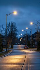 Fototapeta premium Suburban Street at Dusk with Energy Efficient LED Streetlights Enhancing Safety and Visibility