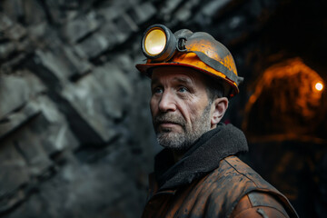 Fototapeta premium Miner in a Dimly Lit Underground Tunnel Wearing a Headlamp
