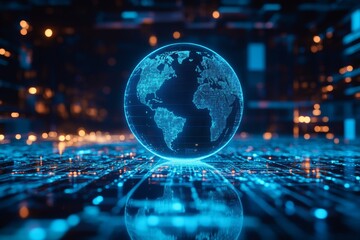 Blue holographic globe with world map and glowing data streams for ai global communication networks