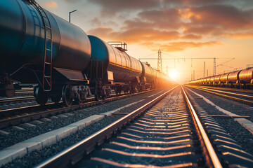 Fototapeta premium Sunset Freight Train on Industrial Railroad Tracks with Dramatic Skies
