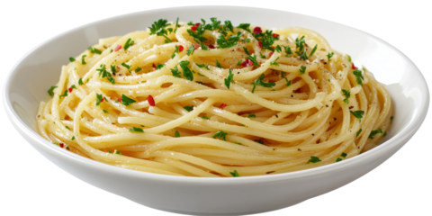 A deliciously simple Italian spaghetti aglio e olio dish presented on a pristine white or transparent surface