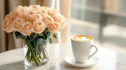 Elegant Bouquet of Cream Roses with Coffee Cup. Generative ai