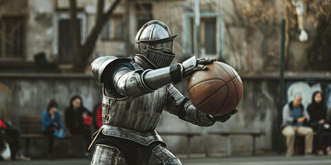 Medieval Knight Playing Basketball on Outdoor Urban Court