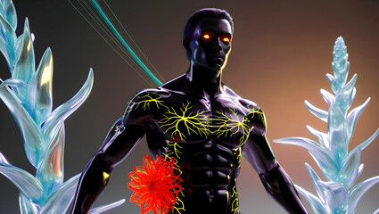 3D Illustration of a Cyber Man with Virus in the Background