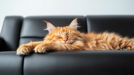 A big red fluffy cat lying on a stylish black leather couch. Generative ai