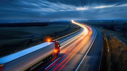 Obraz premium Truck on a Highway at Night
