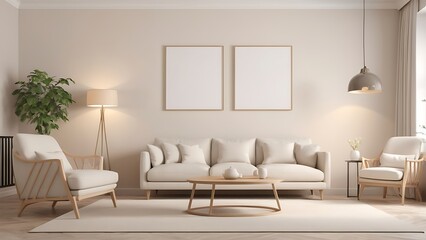 Interior of living room with cozy white sofa, armchair and lamps