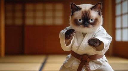 Grumpy cat in martial arts pose on Japanese tatami in sports action scene