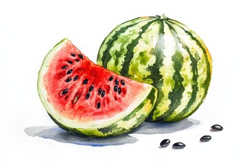 A vibrant watercolor illustration of a watermelon slice and whole fruit, showcasing its refreshing appearance and rich colors.