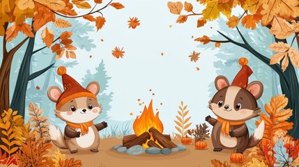 Cartoon Animals in Pilgrim Costumes Celebrating Thanksgiving Around Campfire with Seasonal Decor, Copy Space on Right for Text or Images