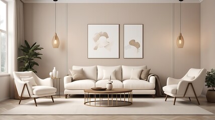 Obraz premium Interior of living room with cozy white sofa, armchair and lamps