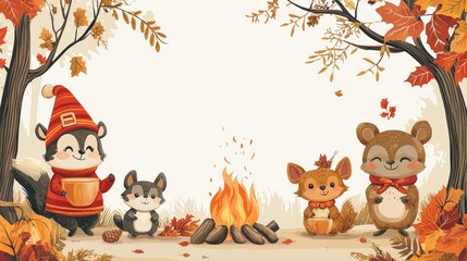 Naklejka premium Festive Cartoon Animals in Pilgrim Outfits Celebrating Thanksgiving Around Campfire with Copy Space on Right for Text or Images