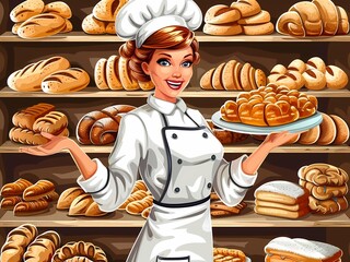 AI-Generated image of A woman in a chef's hat is holding a tray of pastries in a bakery