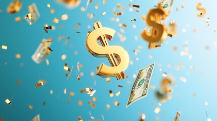 Golden dollar signs with confetti on pay day celebration banner, 3D render