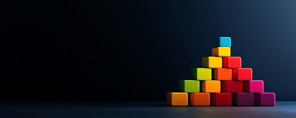 Colorful building blocks arranged in a pyramid shape on a dark background, ideal for educational or creative themes.