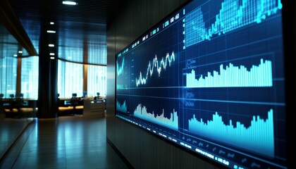 Corporate office analysis stock market growth displayed on digital screens for financial insights