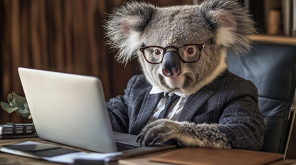 Fototapeta premium A koala in glasses, dressed in a suit, sits at a desk with a laptop, creating the image of a professional worker in an office setting