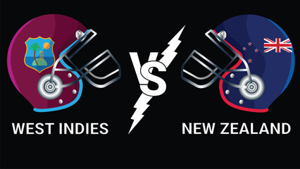 West Indies Vs New Zealand 3D Illustration vector flags over cricket Helmet for Versus Match with Black Background
