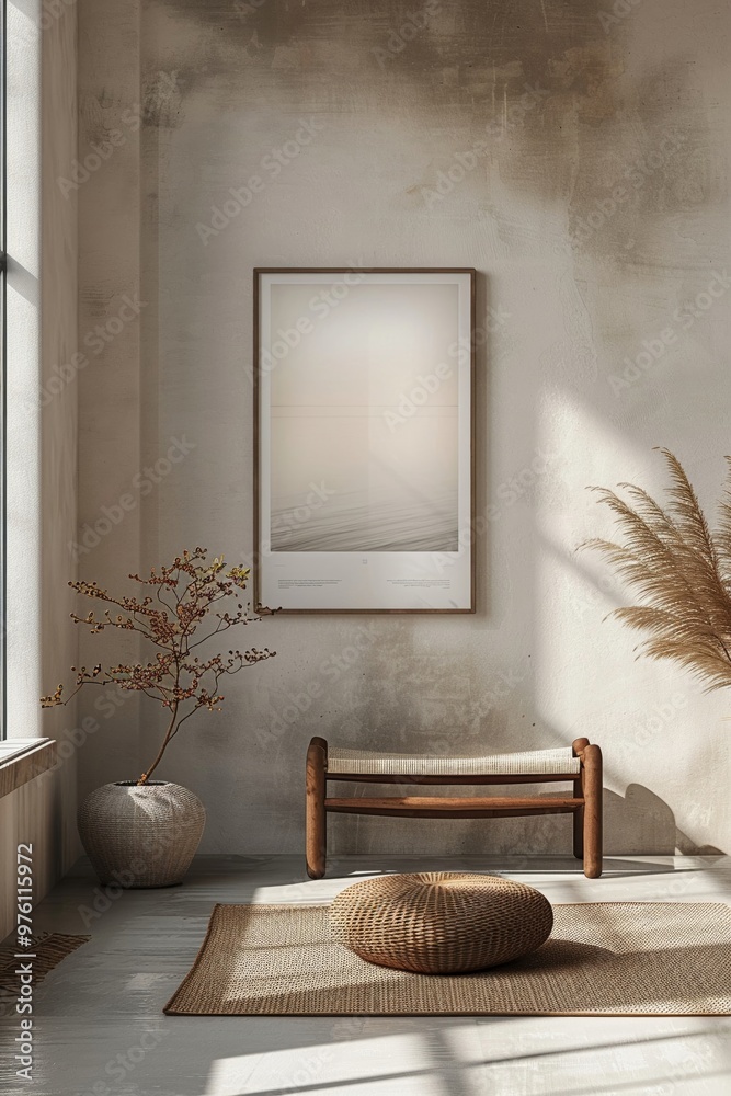 Aufkleber minimalistic room featuring a serene artwork, natural decor, and soft lighting, creating a calm and 