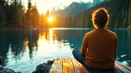 A person practicing mindfulness by sitting quietly near a peaceful lake, focusing on their breath and the calmness of nature around them.