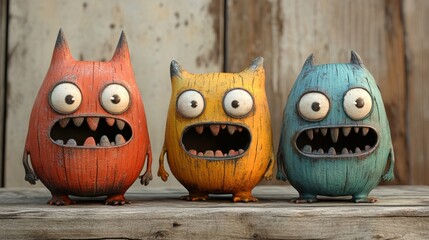 Fototapeta premium Monster House Trio, Cartoon Wooden Texture, Minimalist Design, High Saturation, Light Background, Bright Studio Lighting, 3D