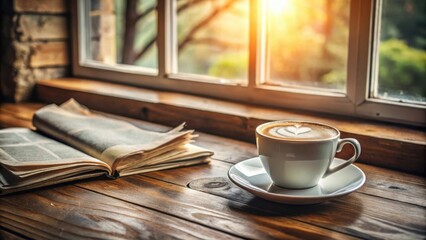 Cozy morning scene with cappuccino and newspaper on wooden table by the window