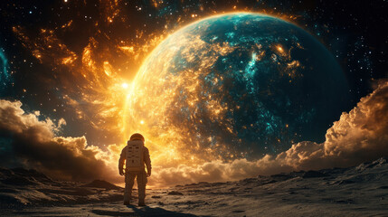 Fototapeta premium A serene lunar landscape, with an astronaut planting a flag on the moon's surface, gazing at Earth rising over the horizon.