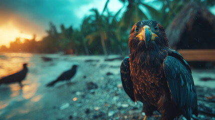 A shipwreck survivor on a tropical island, building a shelter near the beach as storm clouds gather in the distance.