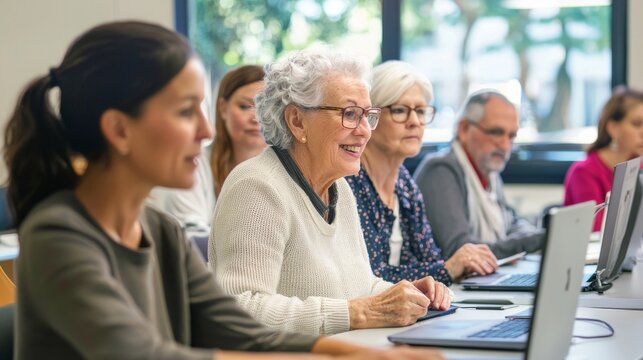 Group of seniors attending IT class in community centre with teacher
