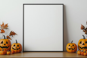 Mock up frame on the table in a modern luxury minimalist living room with halloween decorations