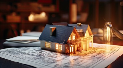 model house, financial charts and home blueprints blurred in the background, symbolizing real estate investment and financial planning,