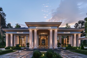 Obraz premium Beautiful modern house exterior with grass field Modern residential district