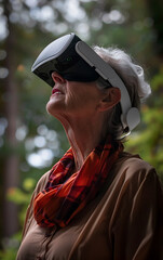 Senior Woman Engaging in Virtual Reality Exploration, Enriching Experiences through VR Technology