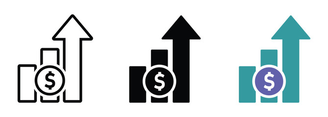 Dollar rate increase vector icon set. Cost rise vector illustration. Business money cash increase signs
