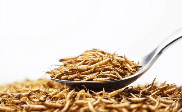 Edible mealworms on a spoon, showcasing an alternative protein source.
