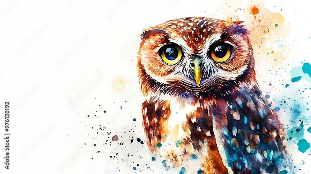 Wall mural a watercolor painting of a brown owl with large, yellow eyes, set against a white background with co