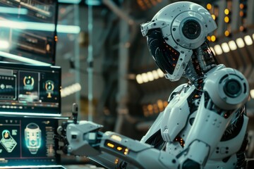 Fototapeta premium A malicious hacker infiltrates a central AI network, corrupting its programming and inciting a robot uprising aimed at overthrowing human control