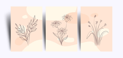 Set of three minimalist poster background with continuous line art floral, pastel colors and abstract shape element. Suitable for wall art, home decor, background, poster, cover and other template.