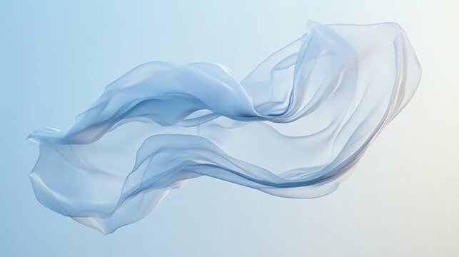 A delicate chiffon scarf flowing in the wind, suspended in mid-air against a minimalist pale blue background