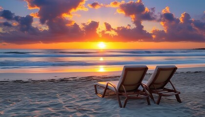 Romantic Beach Sunset with Empty Loungers on Sandy Shore