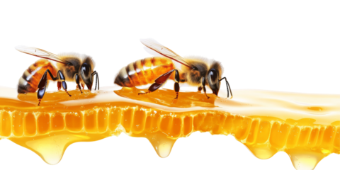 A visually appealing depiction of bees interacting with smooth honey, isolated on a pristine white or clear surface